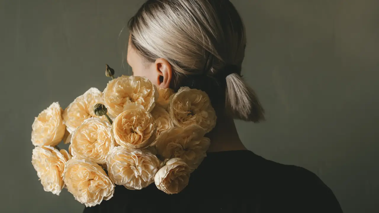 mulher de costas segurando um buque de rosas