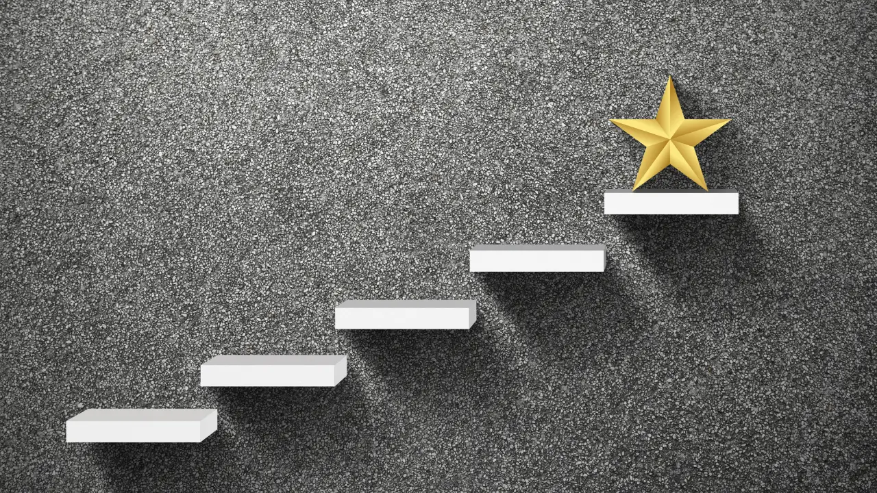 real definição de sucesso subindo escada e uma estrela no topo