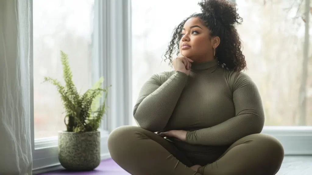 Mulher em prática meditativa ou de autocuidado, representando cuidado holístico e bem-estar mental 