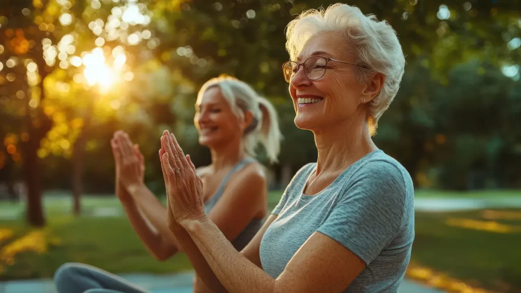 Mulheres sexalescentes praticando yoga mostrando estilo de vida ativo e saudável