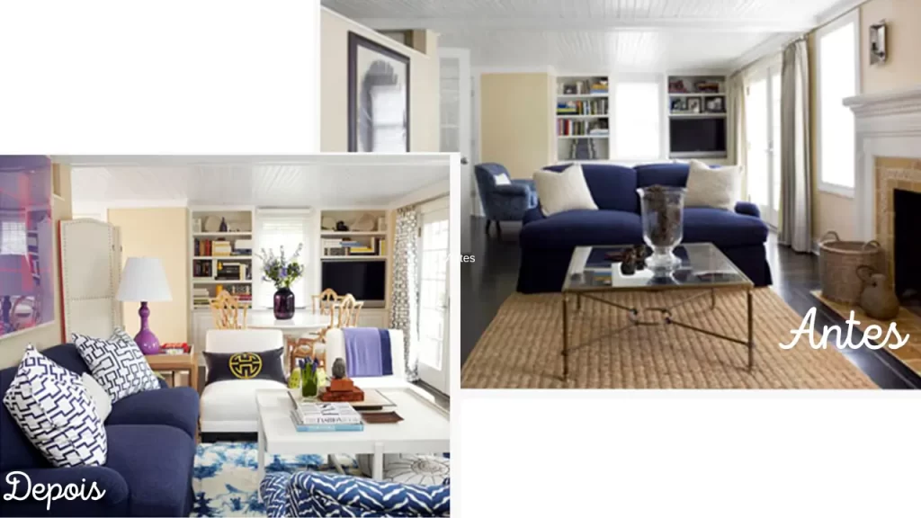 Antes e depois da reorganização de móveis para melhor bem-estar