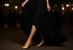 Imagem de uma mulher usando um vestido longo preto elegante combinado com sapatilhas douradas delicadas, em um ambiente de festa noturna sofisticada.