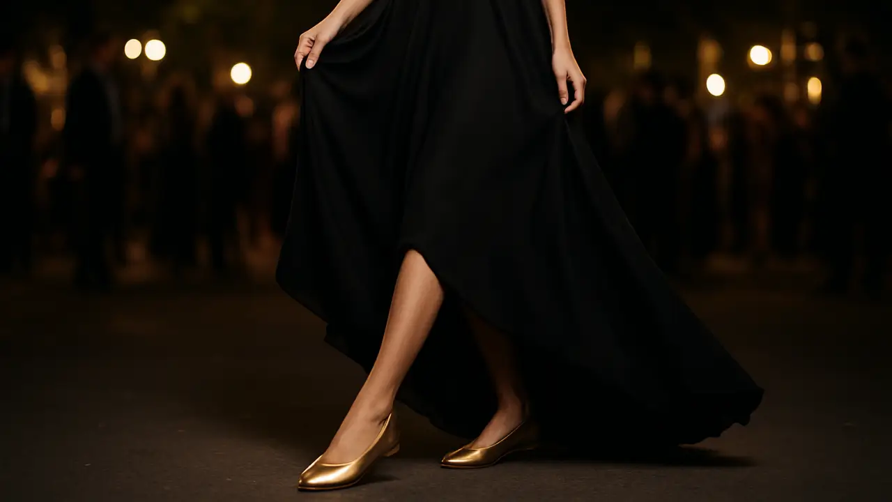 Imagem de uma mulher usando um vestido longo preto elegante combinado com sapatilhas douradas delicadas, em um ambiente de festa noturna sofisticada.