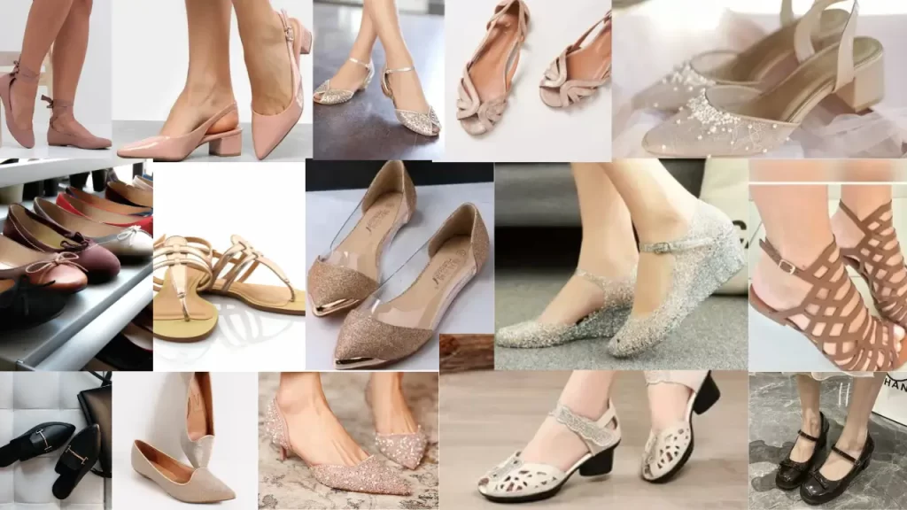 diversos tipos de sapatos baixos elegantes, mostrando que tem como usar sapato baixo com vestido de noite e arrasar em qualquer evento 