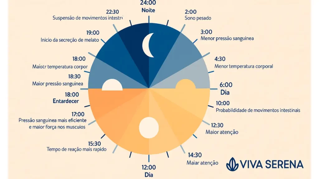 Infográfico do ciclo circadiano mostrando como relógio biológico afeta envelhecimento durante 24 horas