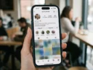 mão segurando celular com várias fotos de perfil diferentes da mesma pessoa