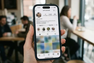 mão segurando celular com várias fotos de perfil diferentes da mesma pessoa