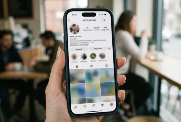 mão segurando celular com várias fotos de perfil diferentes da mesma pessoa