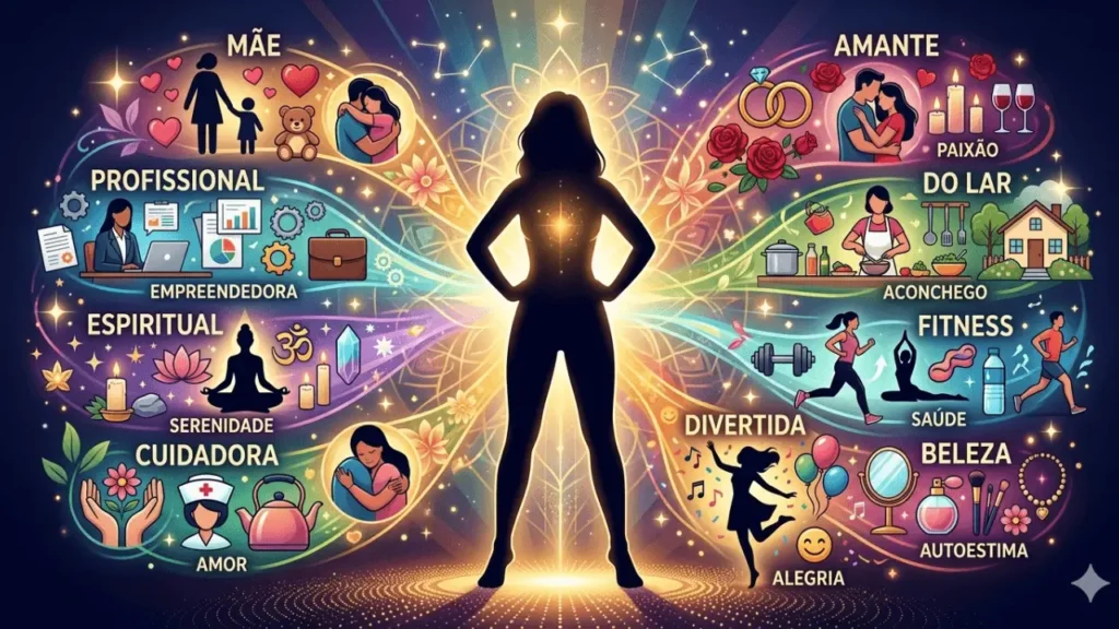 silhueta de mulher com elementos visuais representando diferentes papéis ao redor (mas ela no centro, inteira)